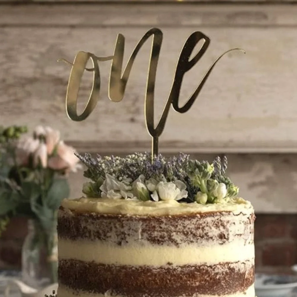 LS Designs “One” Gold Mirror Cake Topper – First Birthday – New in package